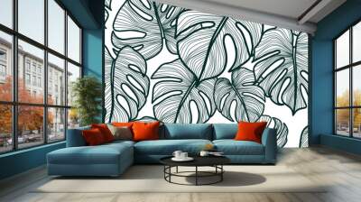 Abstract tropical leaf on white background. Hand drawn of philodendron plant, monstera leaves in line art pattern. Leafy nature design for wallpaper, banner, covers, wall art, home decor, fabric. Wall mural