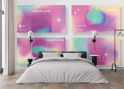 Abstract vibrant gradient cover template. Set of modern poster with geometric shapes, circles, stars, planet. Colorful gradient mesh background for brochure, flyer, wallpaper, banner, business card. Wall mural