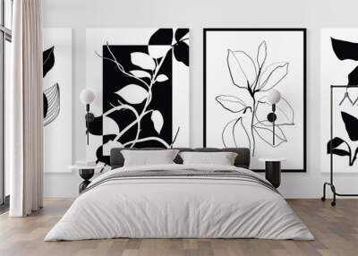 Abstract wall art background vector set. Botanical leaf branch lines with black and white monochrome and silhouette texture. Design illustration for home decoration, cover, poster, banner, wallpaper. Wall mural