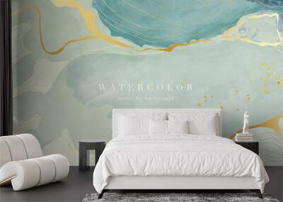 Abstract watercolor background vector. Luxury wallpaper design with paint brush and gold line art. Golden wave line, green marble texture illustration for prints, wall art, cover and invitation cards. Wall mural