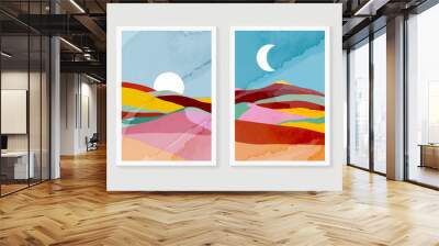 Abstract watercolor landscape wall art template. Colorful wallpaper with desert, sand, moon, sun and blue sky. Summer nature design for background, home decor, interior, banner, and prints. Wall mural