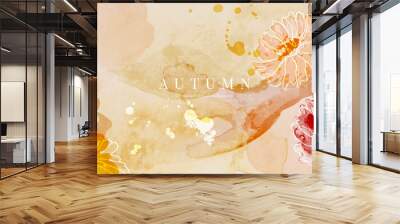 Autumn background design  with watercolor brush texture, Flower and botanical leaves watercolor hand drawing. Abstract art wallpaper design for wall arts, wedding and VIP invite card. vector eps10 Wall mural