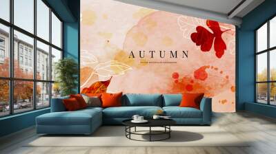 Autumn background design  with watercolor brush texture, Flower and botanical leaves watercolor hand drawing. Abstract art wallpaper design for wall arts, wedding and VIP invite card. vector eps10 Wall mural