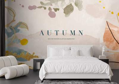 Autumn background vector. Hand painted watercolor and gold brush texture, Flower and botanical leaves hand drawing. Abstract art design for wallpaper, wall arts, cover, wedding and  invite card.   Wall mural