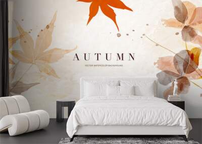 Autumn foliage in watercolor vector background. Abstract wallpaper design with maple leaves, line art, flowers. Elegant botanical in fall season illustration suitable for fabric, prints, cover. Wall mural