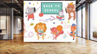 Back to School concept animal vector set. Collection of adorable wildlife, rabbit, squirrel, bear, fox, elephant.  School with funny animal character illustration for greeting card, kids, education. Wall mural