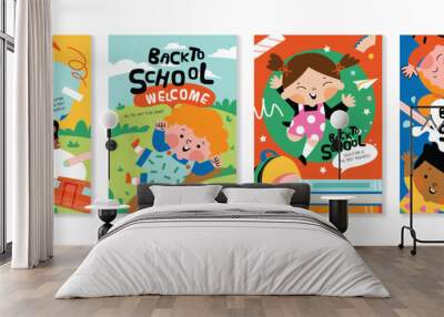 Back to school cover vector set. Background design with children and education accessories element. Kids hand drawn flat design for poster, wallpaper, website and cover template.  Wall mural