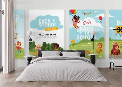 Back to school Sale vector banners. Background design with children and school playground.  Kids hand drawn flat design for poster , wallpaper, website and cover template.  Wall mural