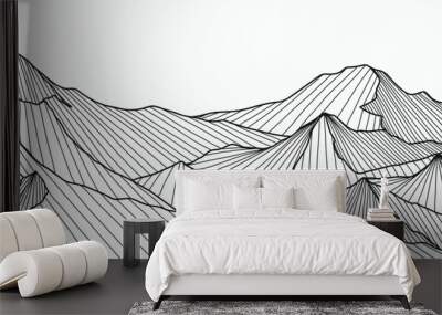 Black and white mountain line art wallpaper. Contour drawing luxury scenic landscape background design illustration for cover, invitation background, packaging design, fabric, banner and print. Wall mural