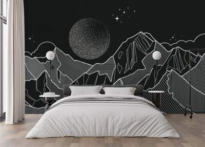 Black and white mountain line arts and moon spot texture wallpaper, luxury landscape background design for cover, invitation background, packaging design, fabric, and print. Vector illustration. Wall mural