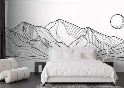 Black and white mountain line arts wallpaper, luxury landscape background design for cover, invitation background, packaging design, fabric, and print. Vector illustration. Wall mural