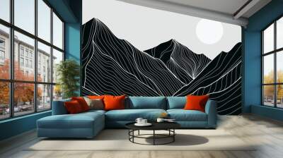 Black and white mountain line arts wallpaper, luxury landscape background design for cover, invitation background, packaging design, fabric, and print. Vector illustration. Wall mural