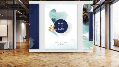 Blue and navy indigo floral and gold watercolor wedding invitation vector set. Luxury background and template layout design for invite card, luxury invitation card and cover template. Wall mural