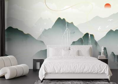 Blue mountain and golden line arts background vector. Oriental Luxury landscape background design with watercolor brush and gold line texture. Wallpaper design, Wall art for home decor and prints. Wall mural