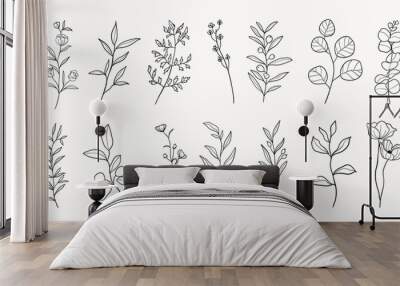 Botanical arts. Hand drawn continuous line drawing of abstract flower, floral, ginkgo, rose, tulip, bouquet of olives. Vector illustration.
 Wall mural