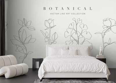 botanical arts. hand drawn continuous line drawing of abstract flower, floral, rose, tropical leaves Wall mural