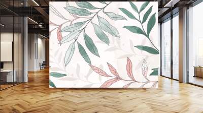 Botanical hand drawn background. Leaf line art watercolor wallpaper with green, pink leaves and branches. Warm tone design for banner, prints, wall art, fabric and home decor. Wall mural