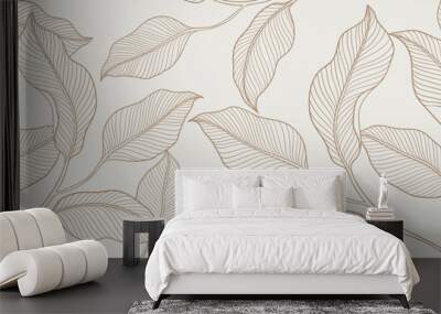 Botanical leaf line art wallpaper background vector. Luxury natural hand drawn foliage pattern design in minimalist linear contour simple style. Design for fabric, print, cover, banner, invitation. Wall mural