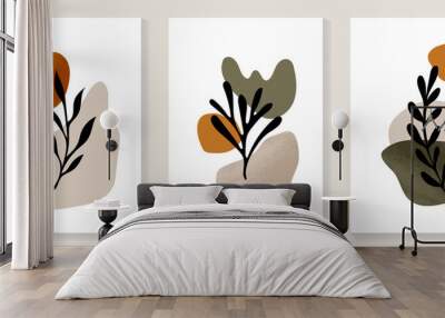 Botanical wall art vector set. Foliage line art drawing with abstract shape.  Abstract Plant Art design for print, cover, wallpaper, Minimal and  natural wall art. Vector illustration. Wall mural