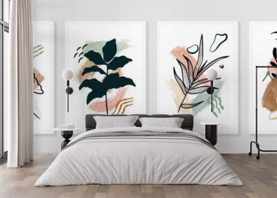 Botanical watercolor wall art vector set. Earth tone boho foliage line art drawing with  abstract shape.  Abstract Plant Art design for wall framed prints, canvas prints, poster, home decor. Wall mural