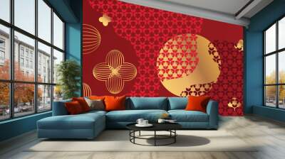 Chinese luxury background vector. Elegant decorative oriental gradient gold geometric curve shape design chinese pattern background. Abstract design illustration for wallpaper, card, poster, banner. Wall mural