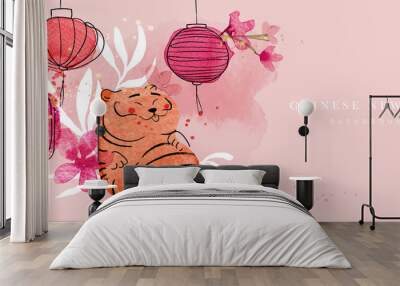 Chinese new year 2022 year of the tiger watercolor background vector. Cute tiger and Chinese lamp, flower on oriental festive red watercolor theme background. Wall mural