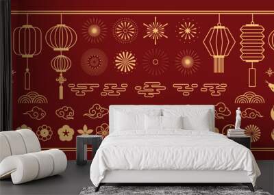 Chinese New Year icons vector set. Year of the snake with snake, cherry blossom flower, firework, hanging lantern, cloud isolated icon of Asian Lunar New Year. Oriental culture tradition illustration. Wall mural