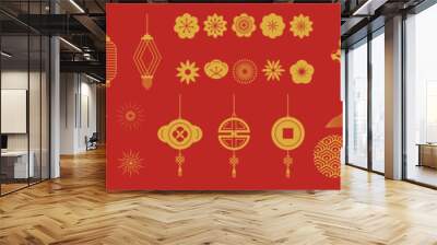 Chinese New Year icons vector set. Year of the snake with snake, cherry blossom flower, firework, hanging lantern, cloud isolated icon of Asian Lunar New Year. Oriental culture tradition illustration. Wall mural