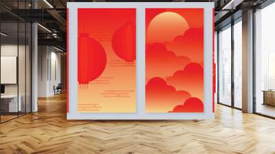 Chinese New Year poster background vector set. Luxury card design with lantern, firework, cloud, chinese pattern. Elegant oriental illustration for cover, banner, website, calendar, envelope. Wall mural