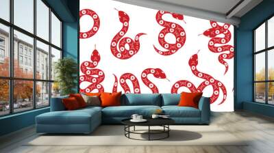 Chinese New Year snake design vector set. Element zodiac sign year of the snake with cherry blossom flower pattern on snake red color. Illustration design of background, card, sticker, calendar. Wall mural