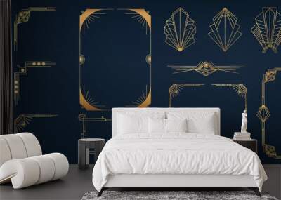 Collection of geometric art deco ornament. Luxury golden decorative elements with different lines, frames, headers, dividers, borders. Set of elegant design suitable for card, invitation, poster. Wall mural