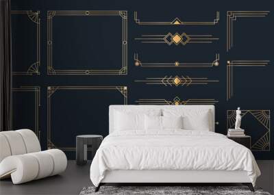 Collection of geometric art deco ornament. Luxury golden decorative elements with different lines, frames, headers, dividers and borders. Set of elegant design suitable for card, invitation, poster. Wall mural