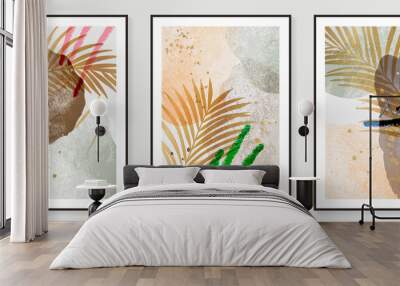 Contemporary botanical prints wall art. Abstract art background with Golden line art, palm and tropical leaves. watercolor canvas frame design for prints and home decor. Vector illustration. Wall mural