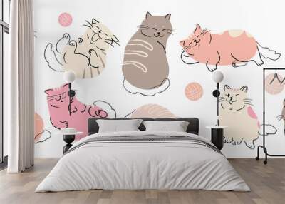 cute and funny cats doodle vector set. cartoon cat or kitten characters design collection with flat  Wall mural