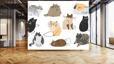 Cute and funny cats doodle vector set. Cartoon cat or kitten characters design collection with flat color in different poses. Set of purebred pet animals isolated on white background. Wall mural