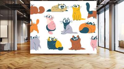 Cute and funny cats doodle vector set. Cartoon cat or kitten characters design collection with flat color in different poses. Set of purebred pet animals isolated on white background. Wall mural