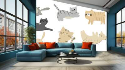 Cute and funny cats doodle vector set. Cartoon cat or kitten characters design collection with flat color in different poses. Set of purebred pet animals isolated on white background. Wall mural