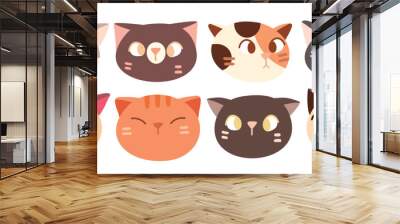 Cute and smile cat heads doodle vector set. Comic happy cat faces character design of different cat breed with flat color isolated on white background. Design illustration for sticker, comic, print. Wall mural