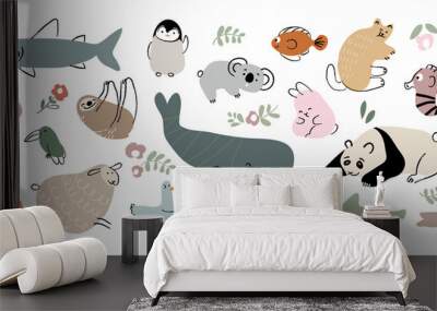 Cute animal vector set. Hand drawn characters.Vector illustration Wall mural