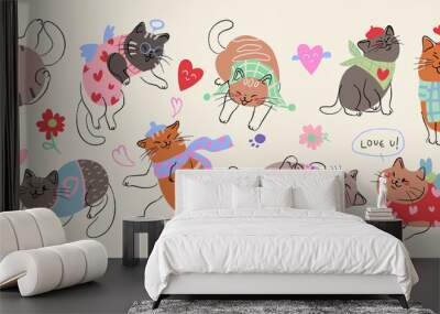 Cute cat with little heart for valentine's day. Vector illustration. Wall mural