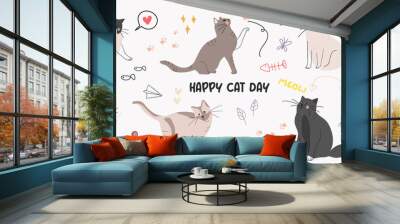 Cute cats and funny kitten doodle vector set. Happy international cat day characters design collection with flat color in different poses. Set of adorable pet animals isolated on white background. Wall mural