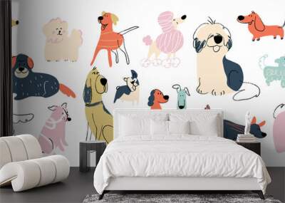 Cute dogs doodle vector set. Cartoon dog or puppy characters design collection with flat color in different poses. Set of funny pet animals isolated on white background. Wall mural