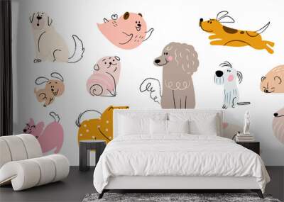 Cute dogs doodle vector set. Cartoon dog or puppy characters design collection with flat color in different poses. Set of funny pet animals isolated on white background. Wall mural