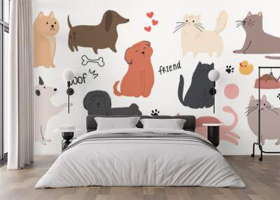 Cute dogs doodle vector set. Cartoon dog or puppy characters design collection with flat color in different poses. Set of funny pet animals isolated on white background. Wall mural