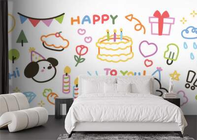 Cute hand drawn Happy birthday doodle vector set. Colorful collection of dog, chick, cake, balloon, flower, candle, decorative flag. Adorable creative design element for decoration, prints, ads. Wall mural