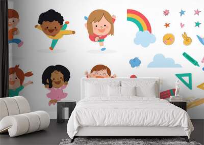 Cute kids with school supplies vector. Set for children characters design in different poses, Happy and smile people. back to school vector illustration. Wall mural