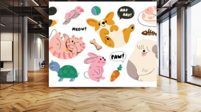 Cute pet doodle vector set. Cartoon animals characters design collection with dog, cat, bird, fish, rabbit, rat, turtle in different poses. Set of funny pet animals isolated on white background. Wall mural