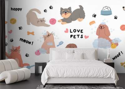 Cute pet doodle vector set. Cartoon dogs and cats characters design collection with flat color in different poses, toy, ball, pet food, bowl. Set of funny pet animals isolated on white background. Wall mural