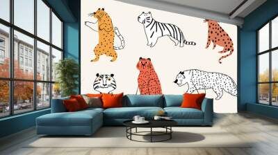 Cute Tiger doodle vector set. Cartoon Tiger characters design collection with flat color in different poses. Happy Chinese new year greeting card 2022 with cute tiger. Wall mural