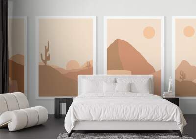 Desert illustration minimal wall arts design vector.  Collection of mountain and landscape of oasis town desert sand and giant saguaro cactus sunset hand drawn digital arts for print and wallpaper. Wall mural